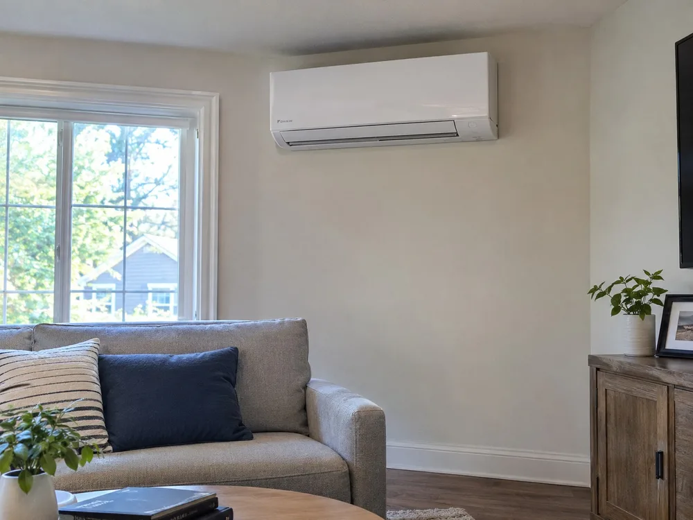 Ductless mini-split wall unit in a living room