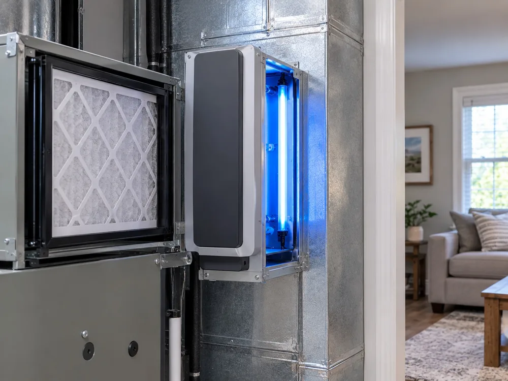 UV light and air filter cabinet installed on an air handler